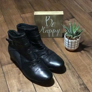 BareTraps Black Leather Low Wedge Ankle Boots